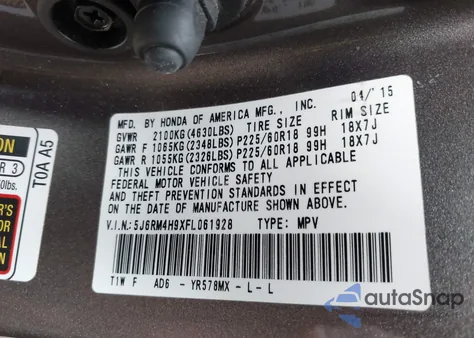 2015 Honda Cr-V Touring z USA, uszkodzony, nr VIN 5J6RM4H9XFL061928